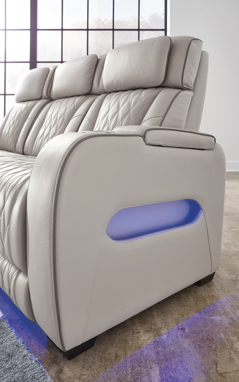 FINEZA Light Gray 100% Leather Power Reclining Sofa & Loveseat