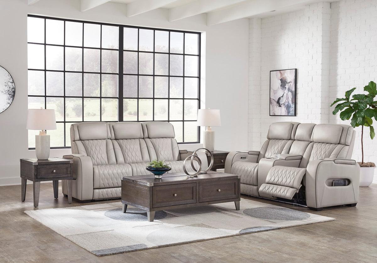 FINEZA Light Gray 100% Leather Power Reclining Sofa & Loveseat
