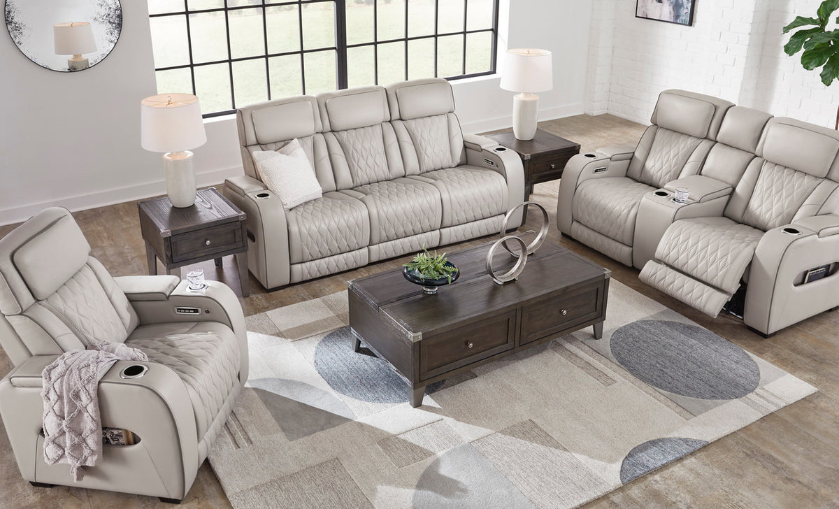 FINEZA Light Gray 100% Leather Power Reclining Sofa & Loveseat