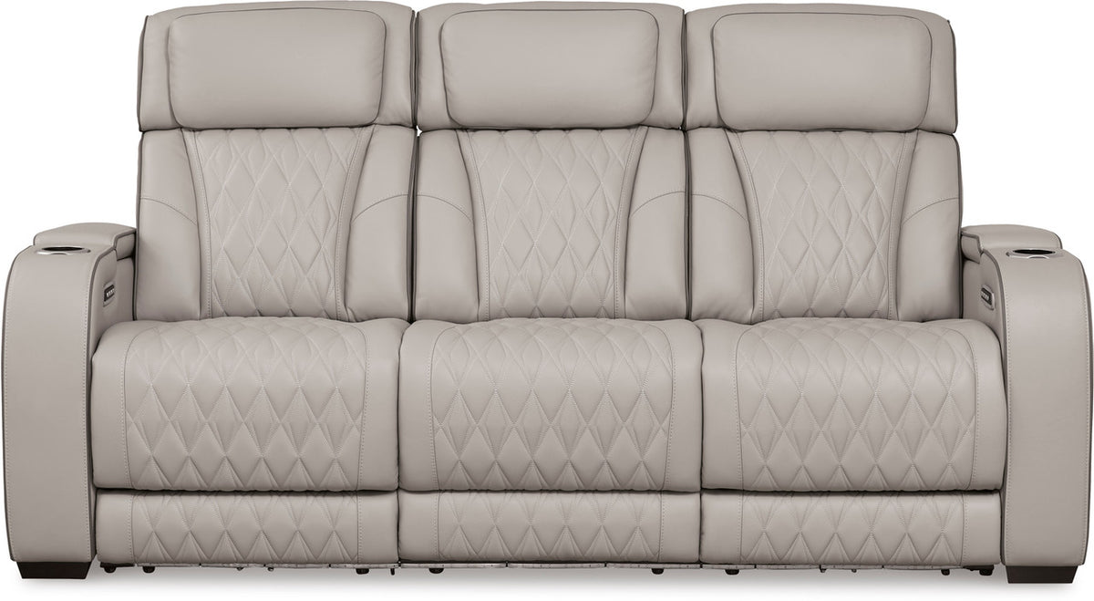 FINEZA Light Gray 100% Leather 86" Wide Power Reclining Sofa with Massage