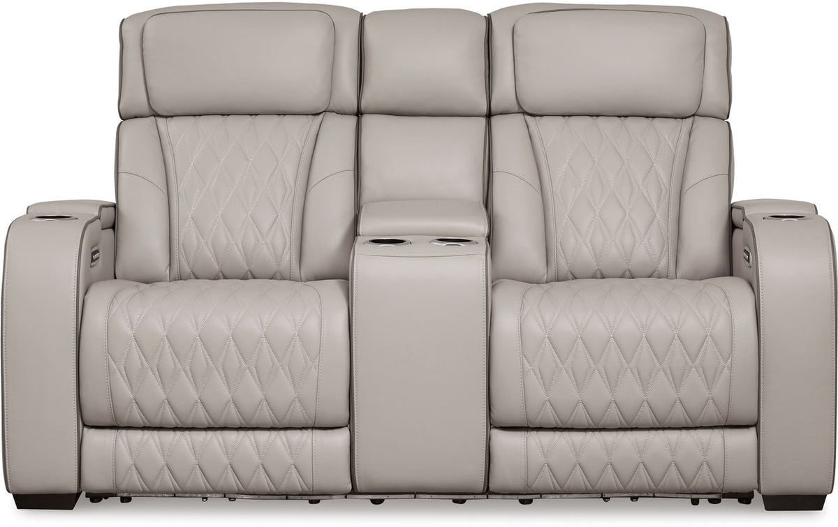 FINEZA Light Gray 100% Leather 75" Wide Power Reclining Loveseat