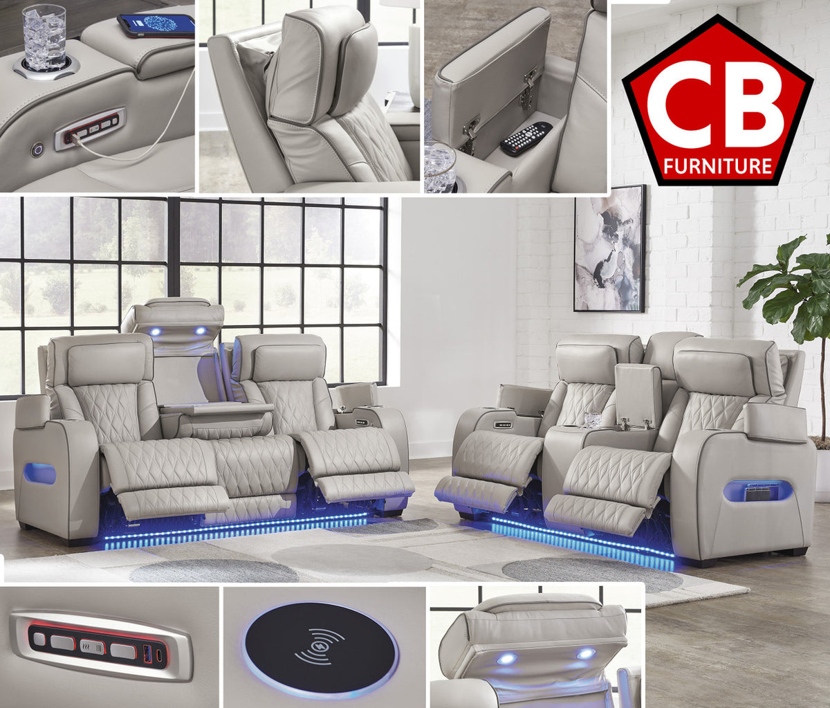FINEZA Light Gray 100% Leather Power Reclining Sofa & Loveseat