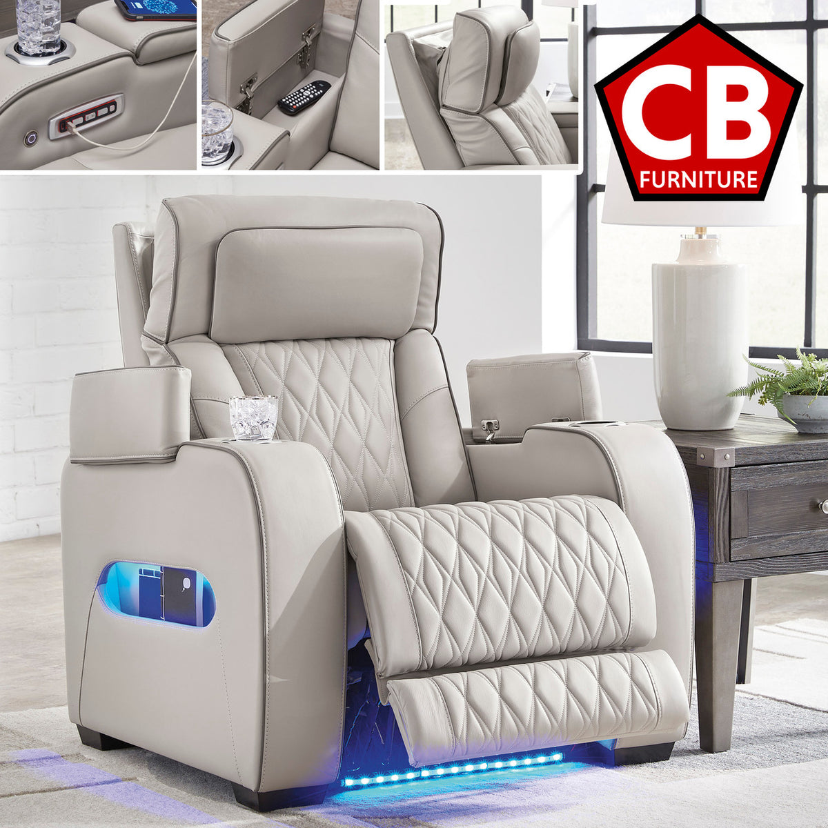FINEZA Light Gray 100% Leather 39" Wide Power Recliner