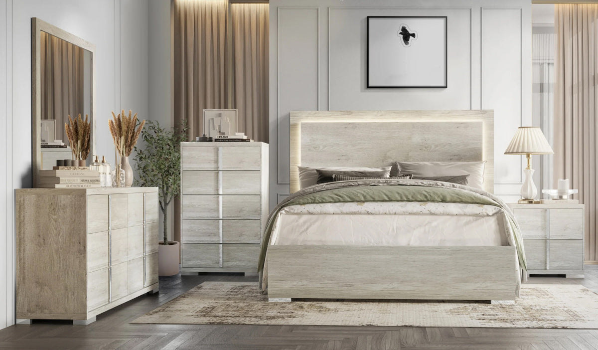 FONSECA Cream & Chrome Bedroom Set with LED Headboard - All Pieces