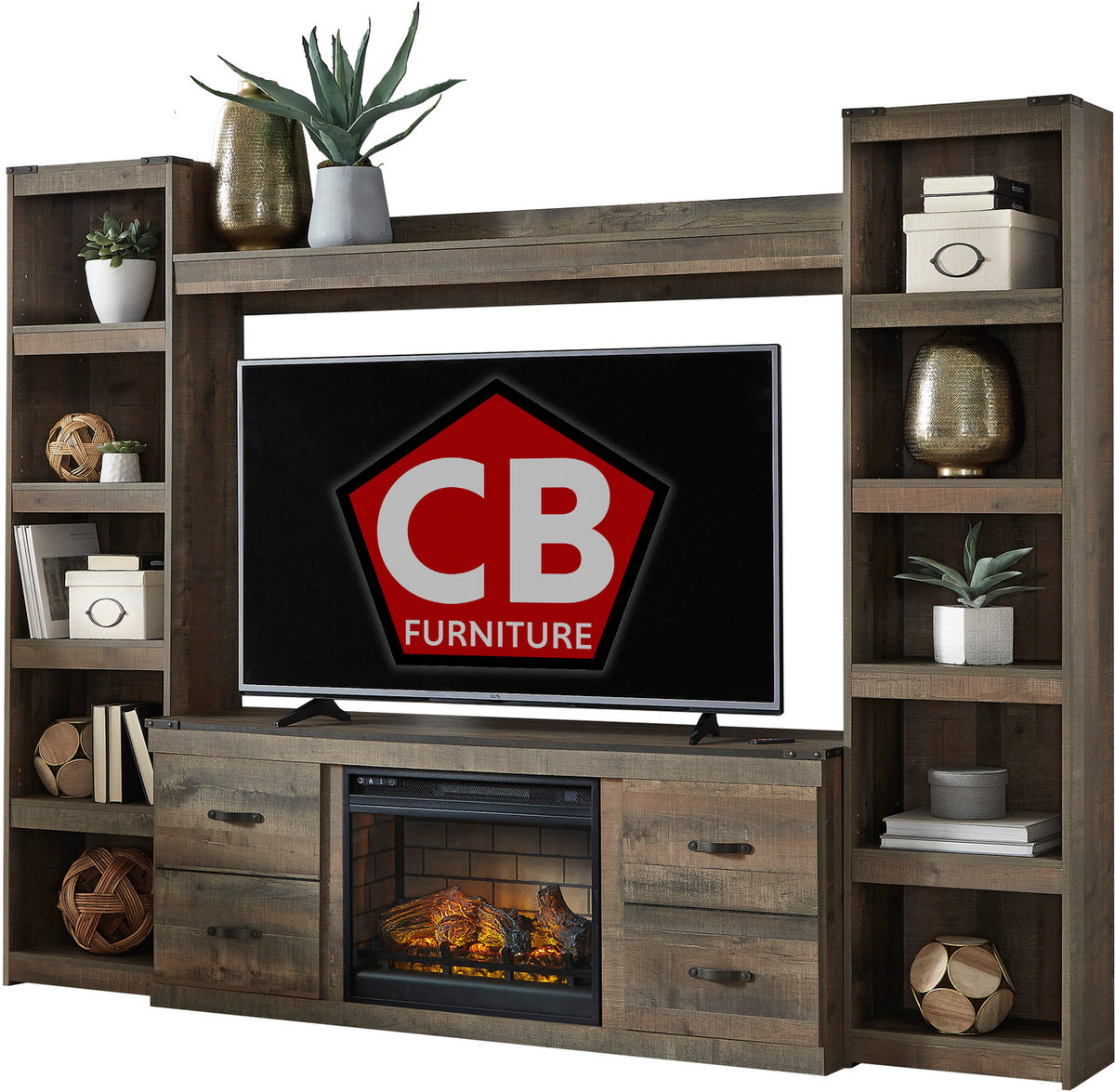 FRANKFURT Brown 95" Wide Wall Unit with Fireplace (RTA)