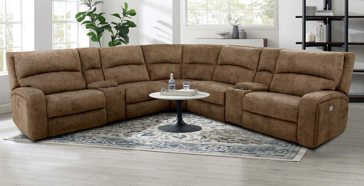 GABRIEL Brown 129" x 129" Power Sectional with 3 Recliners
