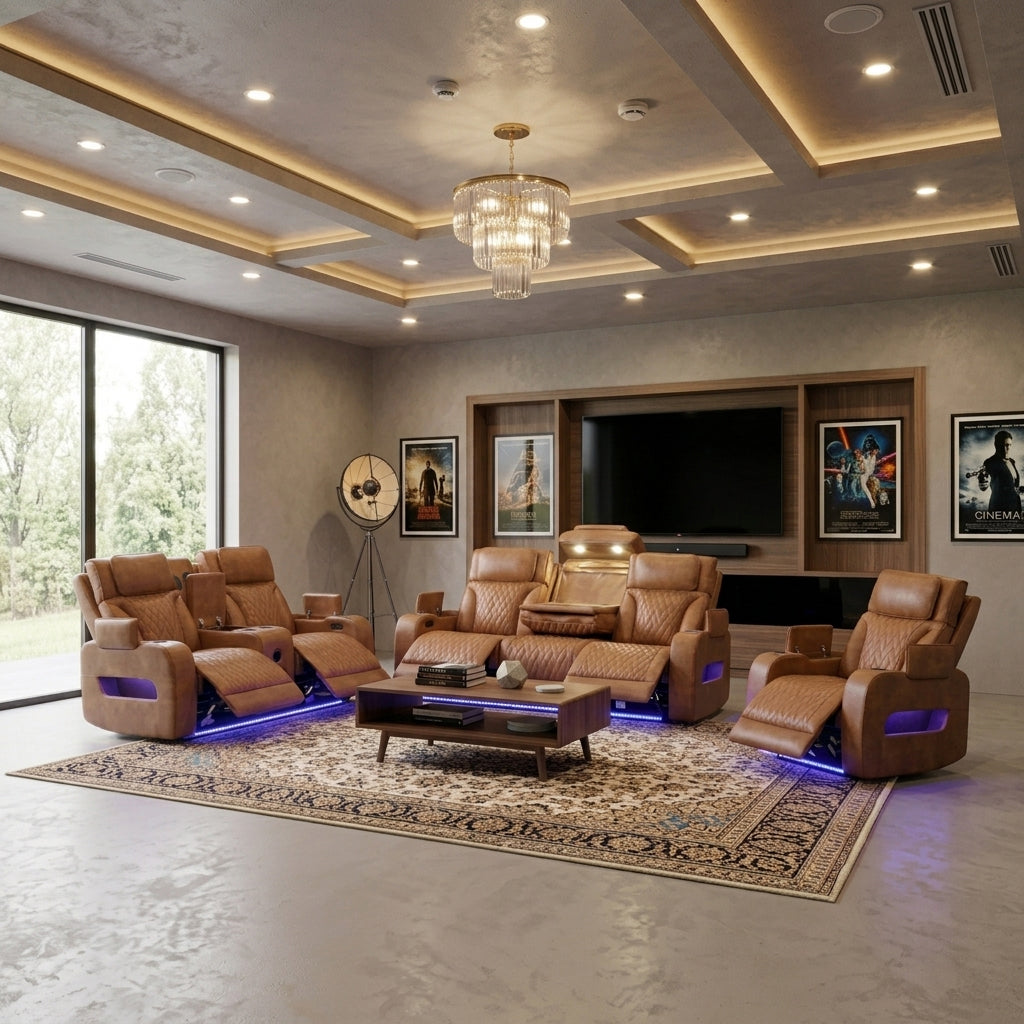 GAMBIT Caramel Brown Livingroom with Bluetooth Speakers & LED Lighting
