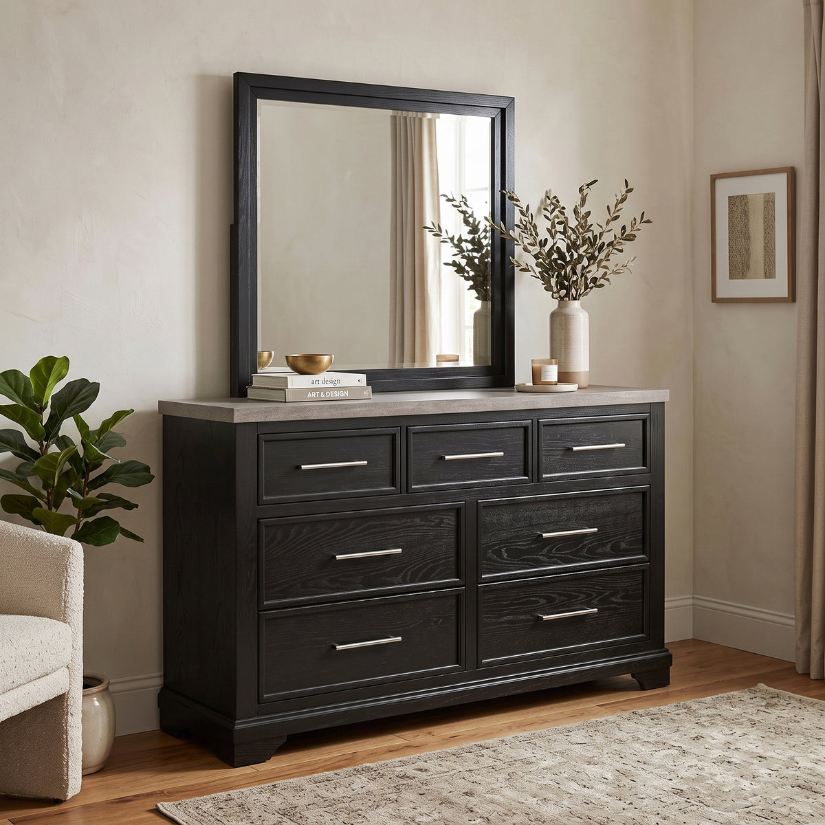 GANDER Black 59" Wide Dresser & Mirror