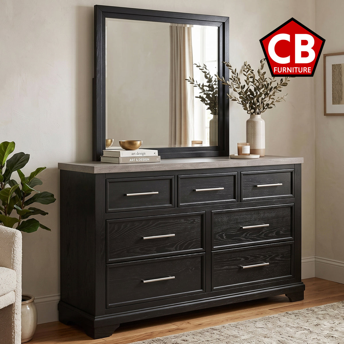 GANDER Black 59" Wide Dresser & Mirror