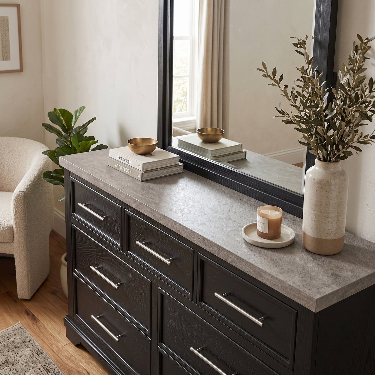 GANDER Black 59" Wide Dresser & Mirror