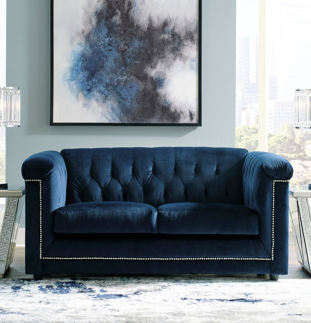 GEMINA Navy Blue Velvet 66" Wide Loveseat