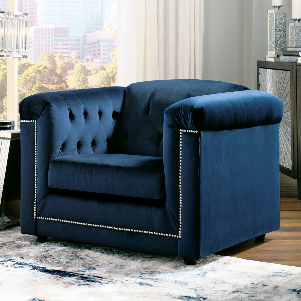 GEMINA Navy Blue Velvet 42" Wide Arm Chair
