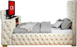 GENEVA Beige Velvet Platform Bed with Fireplace and Lift-Up TV Mount