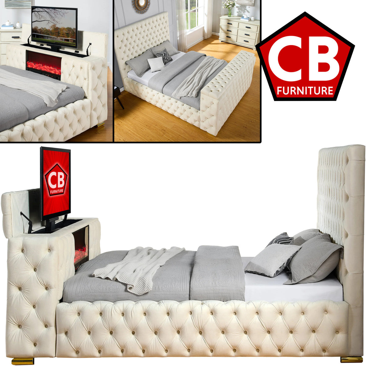 GENEVA Beige Velvet Platform Bed with Fireplace and Lift-Up TV Mount