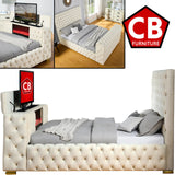 GENEVA Beige Velvet Platform Bed with Fireplace and Lift-Up TV Mount