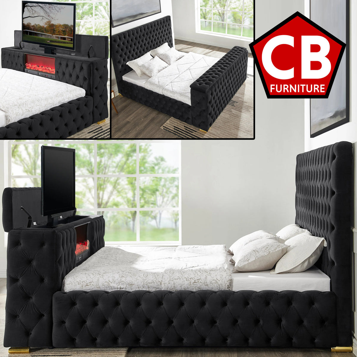 GENEVA Black Velvet Platform Bed with Fireplace and Lift-Up TV Mount