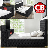 GENEVA Black Velvet Platform Bed with Fireplace and Lift-Up TV Mount