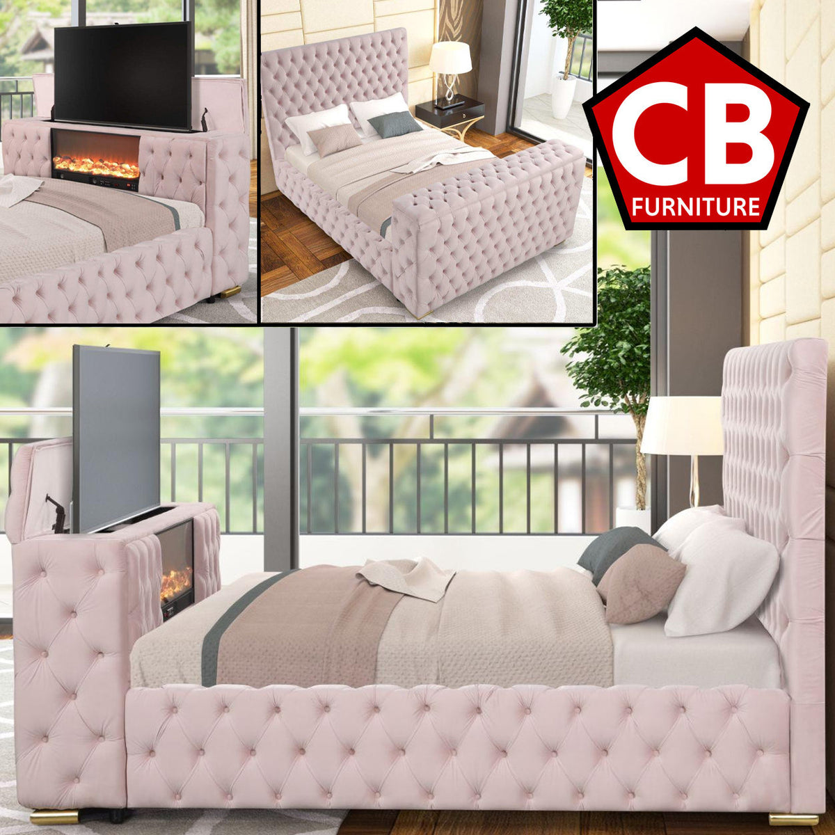 GENEVA Pink Velvet Platform Bed with Fireplace and Lift-Up TV Mount