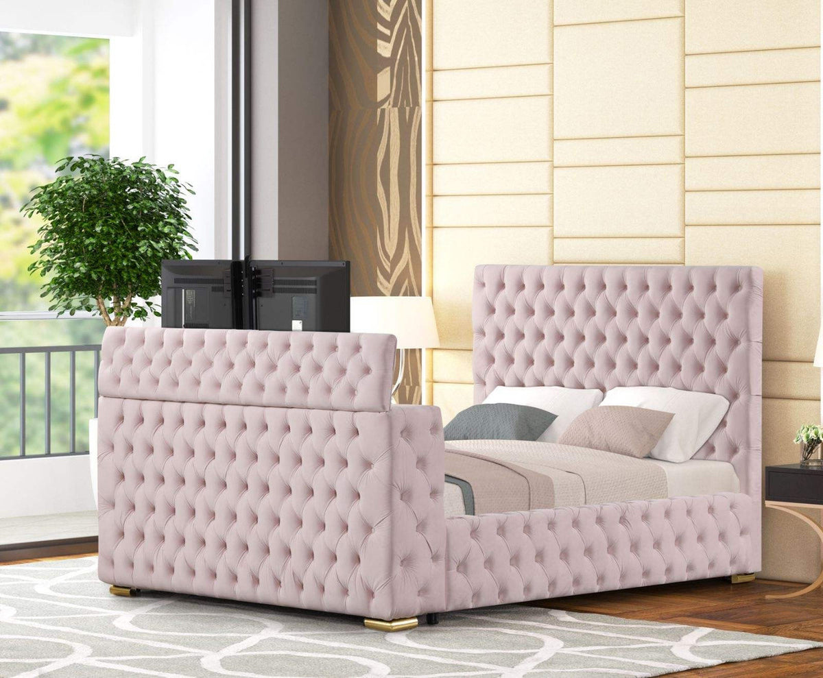 GENEVA Pink Velvet Platform Bed with Fireplace and Lift-Up TV Mount