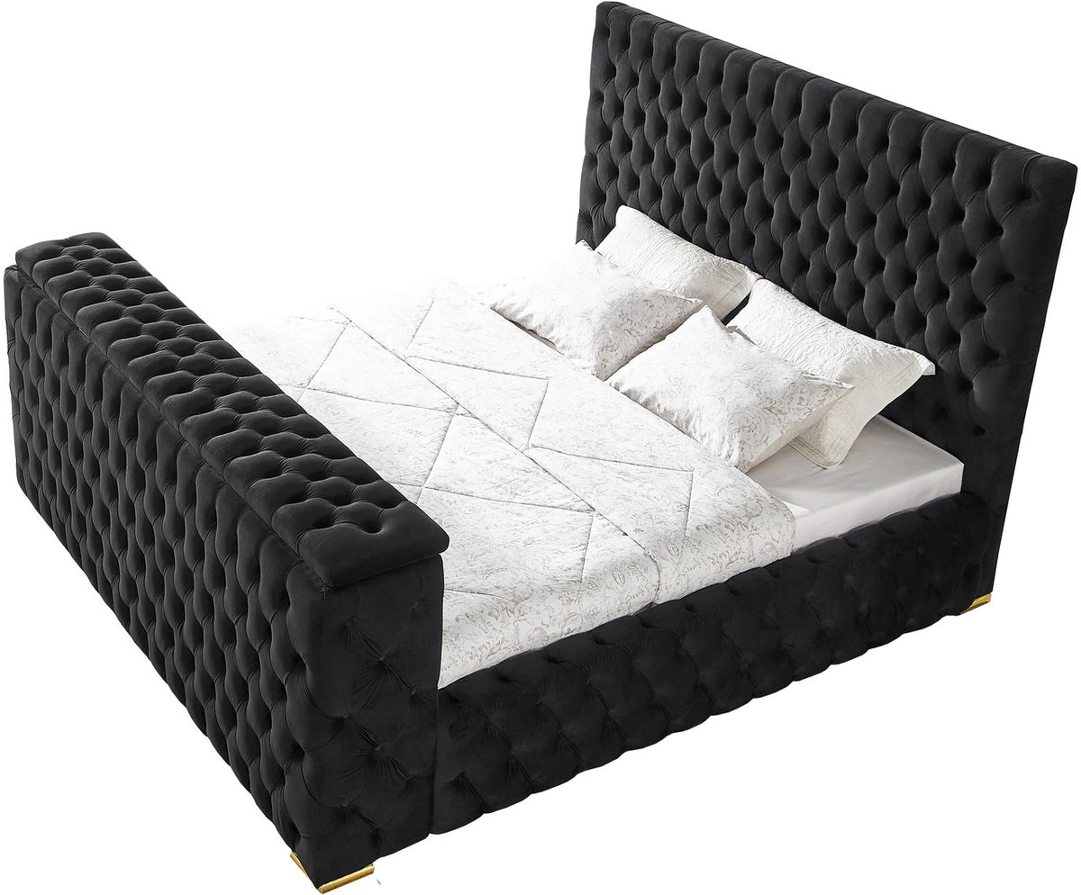 GENEVA Black Velvet Platform Bed with Fireplace and Lift-Up TV Mount