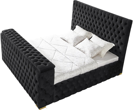 GENEVA Black Velvet Platform Bed with Fireplace and Lift-Up TV Mount