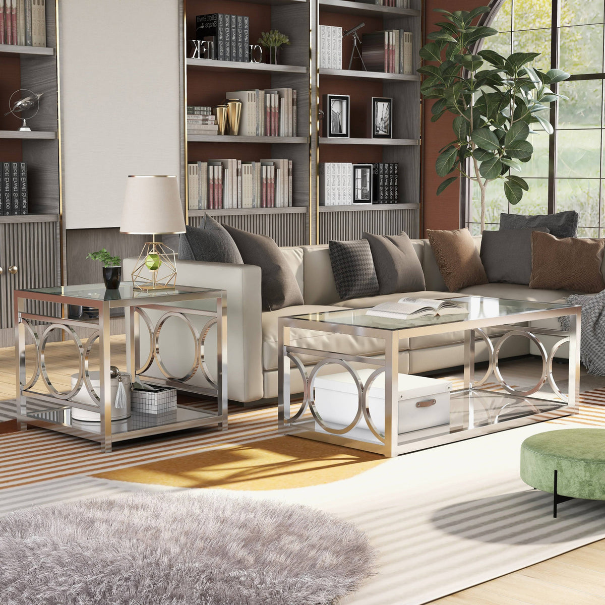 GIOVANNA Chrome 3 Piece Table Set with Mirror Shelves