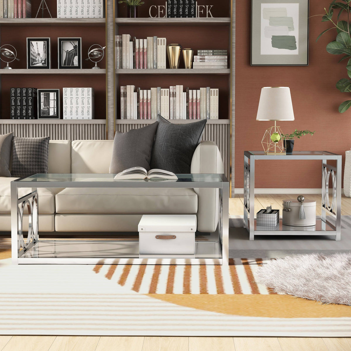 GIOVANNA Chrome 47" Wide Coffee Table with Mirror Shelf