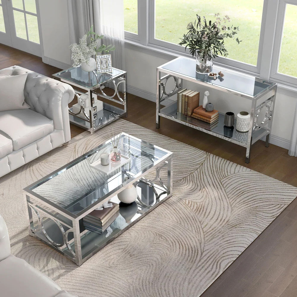 GIOVANNA Chrome 47" Wide Coffee Table with Mirror Shelf