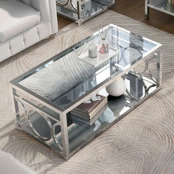 GIOVANNA Chrome 47" Wide Coffee Table with Mirror Shelf