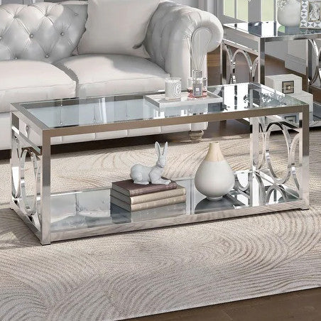 GIOVANNA Chrome 47" Wide Coffee Table with Mirror Shelf
