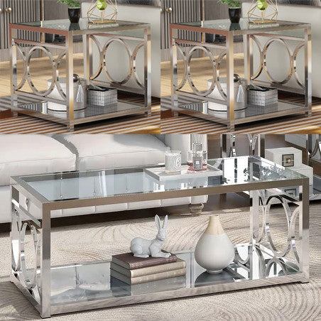 GIOVANNA Chrome 3 Piece Table Set with Mirror Shelves