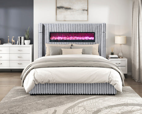 GIULIA Gray Velvet Bed With Fireplace & Speakers