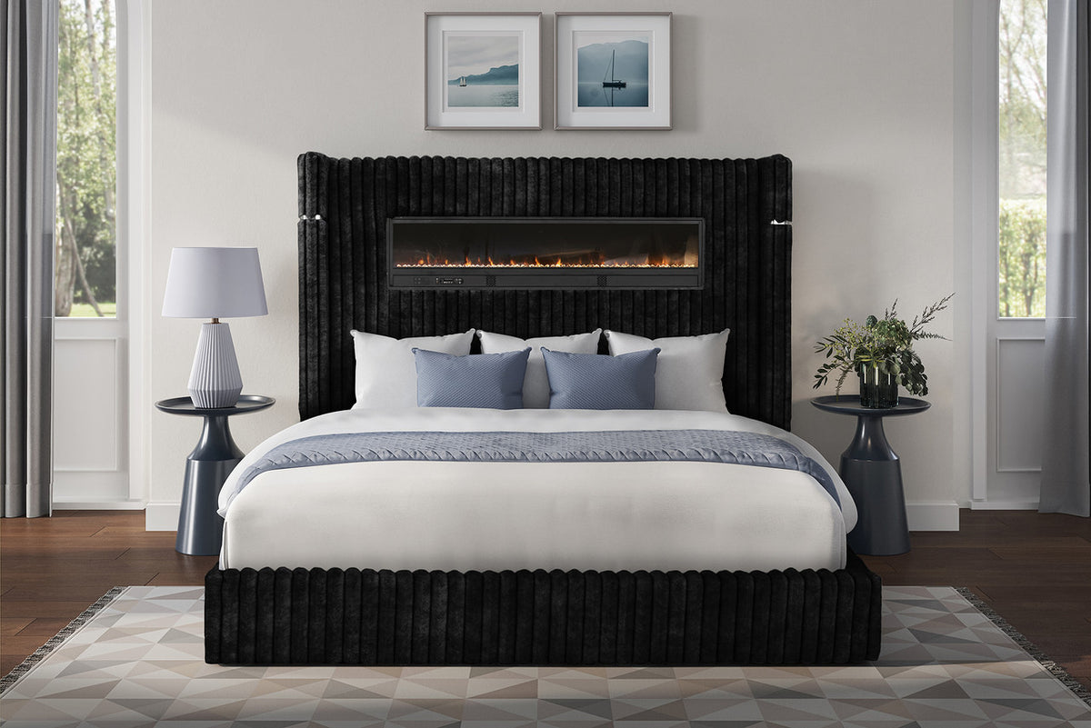 GIULIA Black Velvet Bed With Fireplace & Speakers