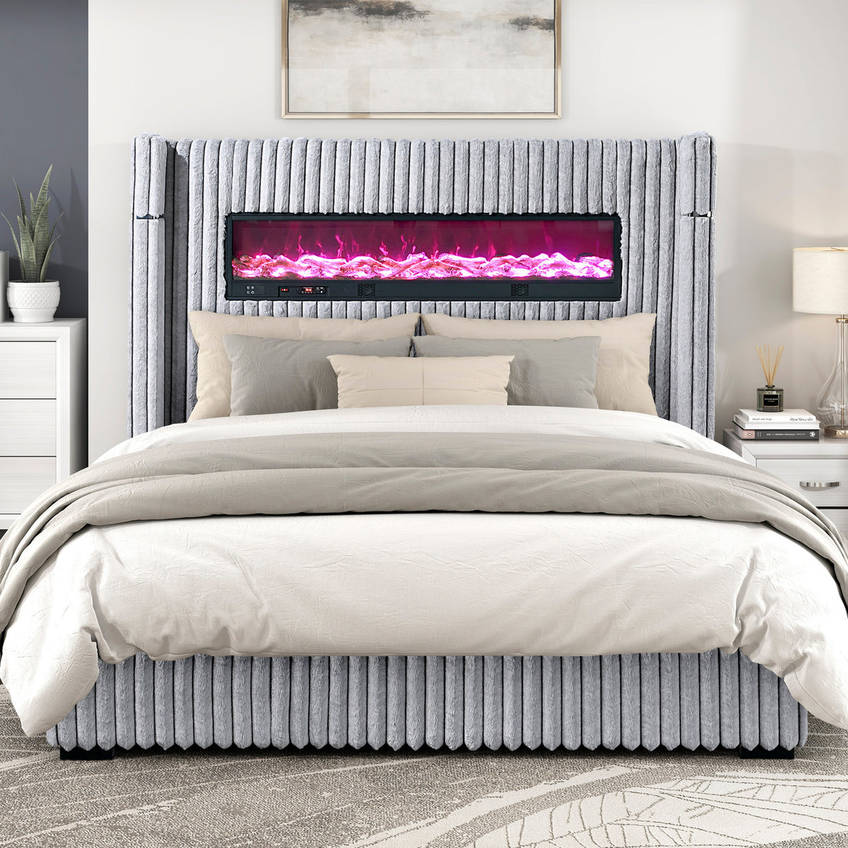 GIULIA Gray Velvet Bed With Fireplace & Speakers