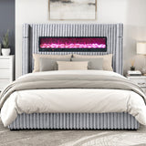 GIULIA Gray Velvet Bed With Fireplace & Speakers