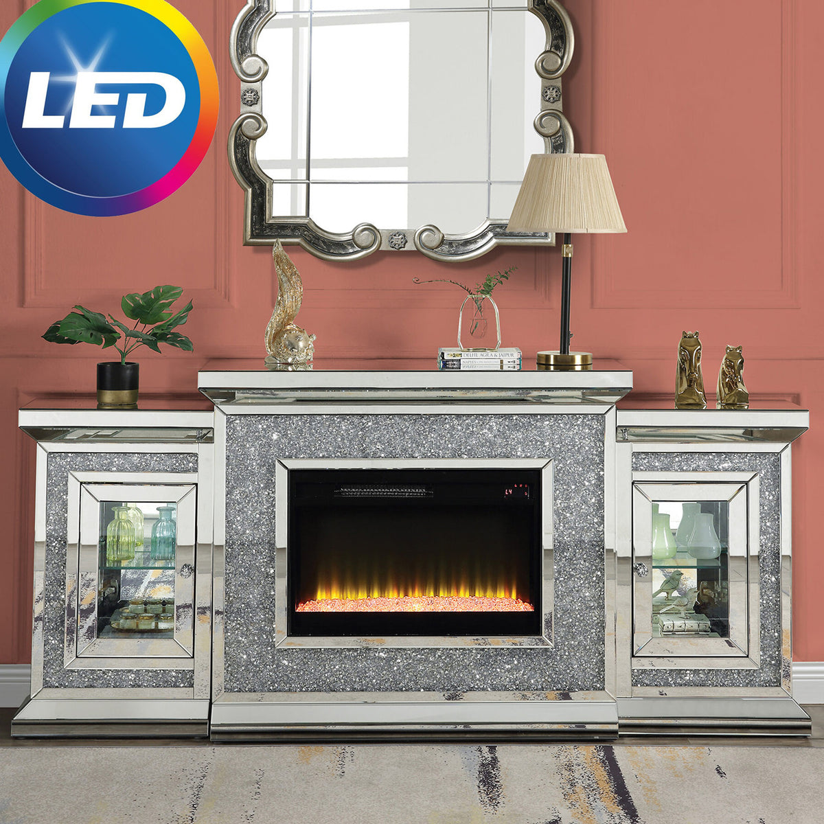 HAGIA Mirrored 67" Wide Fireplace with LED Lights