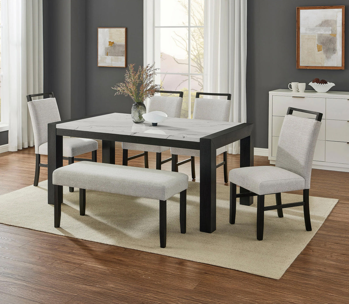 HANDLEY Faux Marble 6 Piece Dining Set with Bench