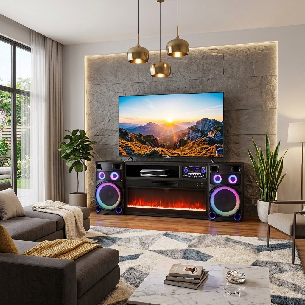 HARDROCK 71" Wide x 28" Height Smart Fireplace TV Stand with Bluetooth Soundsystem