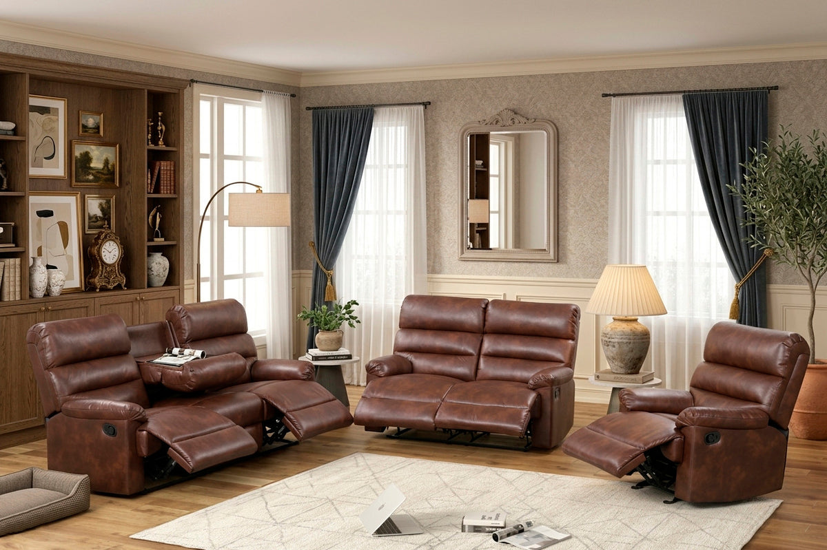 HAWKINS Brown Reclining Sofa, Loveseat & Recliner