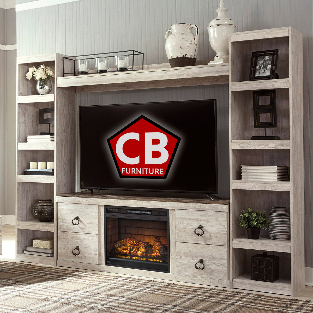 HAZEN Whitewash 94" Wide Wall Unit with Fireplace (RTA)