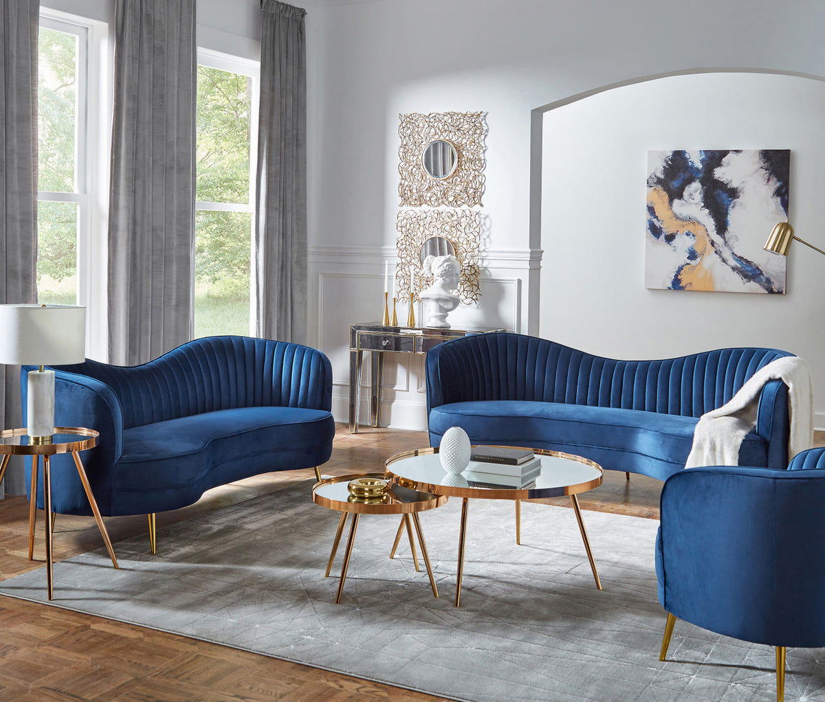 HEIMER Blue Velvet & Gold 3 Piece Living Room Set