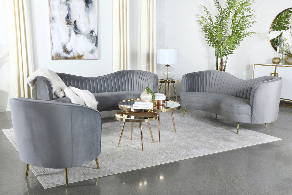HEIMER Gray Velvet & Gold 3 Piece Living Room Set