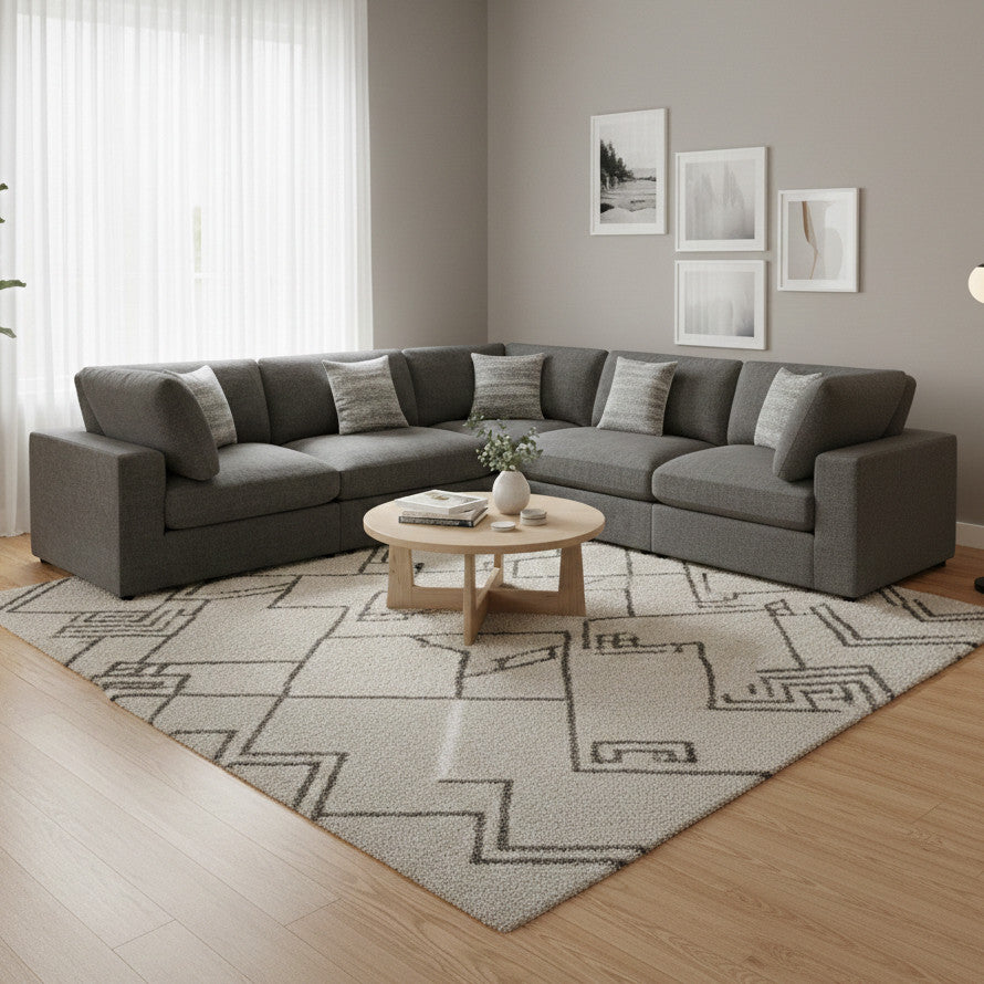 HILLARD Charcoal Gray Linen 120" x 120" 5 Piece Modular Sectional