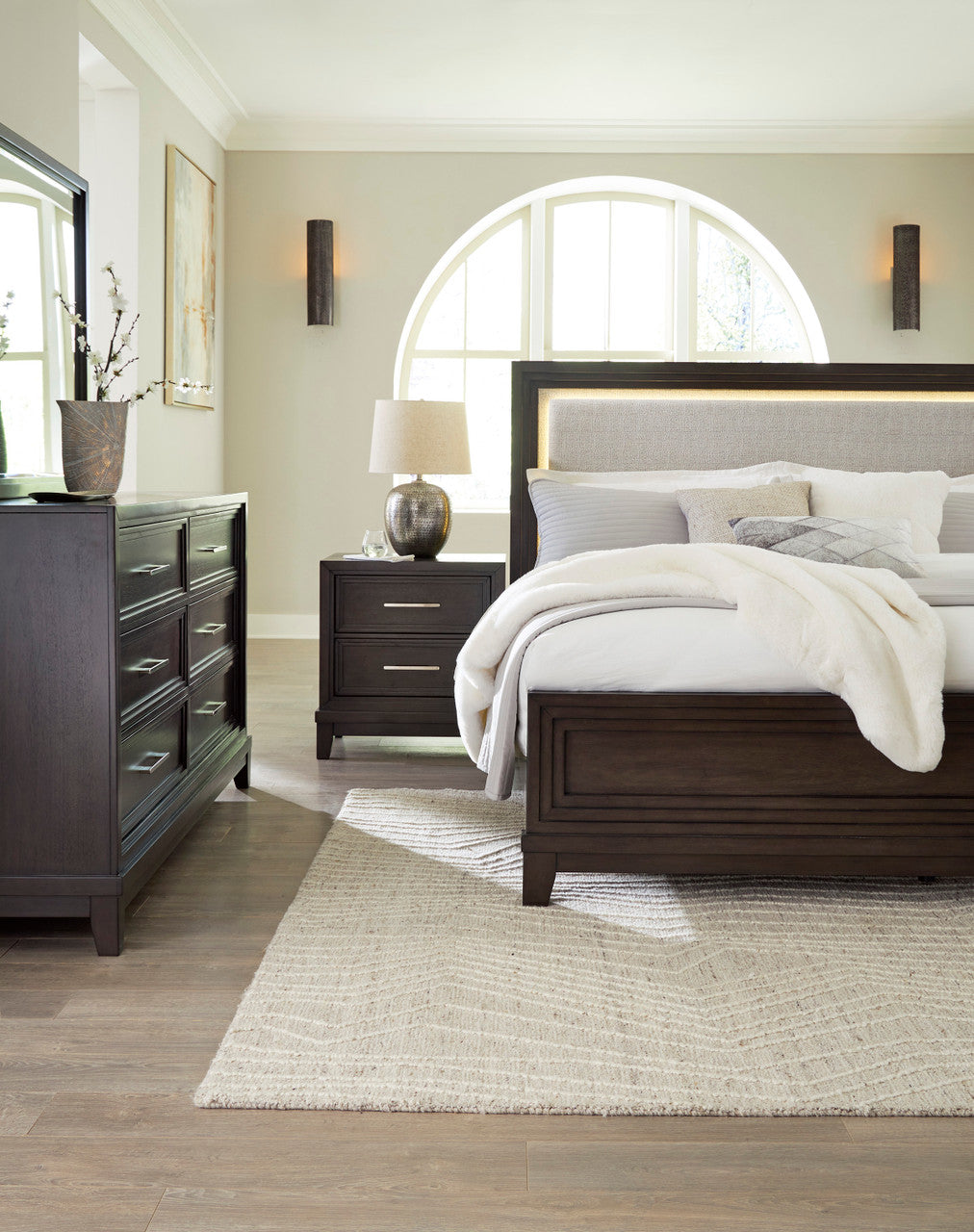 HOLLINS Grayish Brown Bedroom Set with Fabric LED Bed