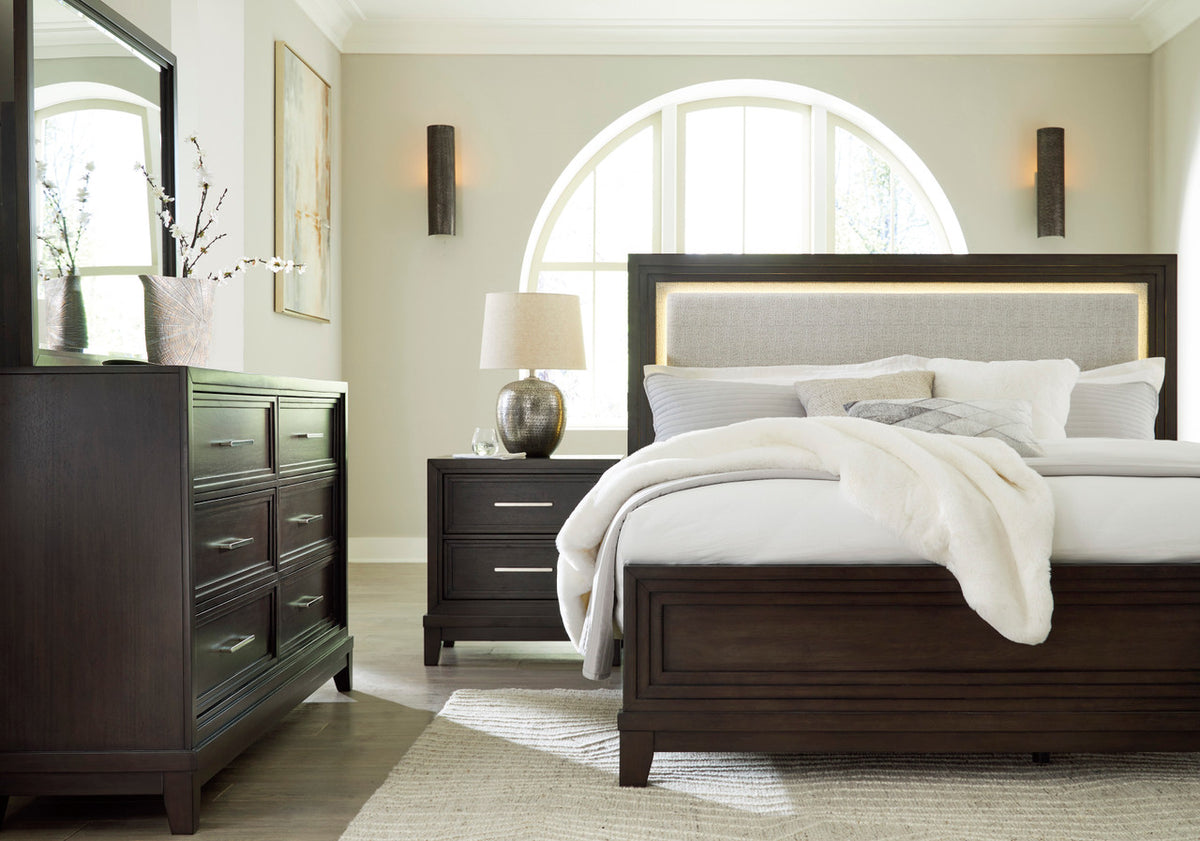 HOLLINS Grayish Brown Bedroom Set with Fabric LED Bed