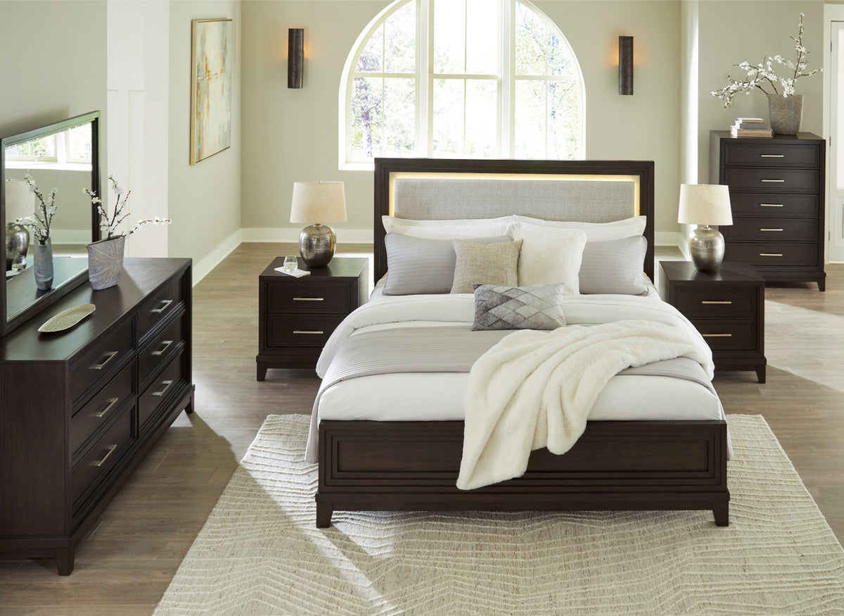 HOLLINS Grayish Brown Bedroom Set with Fabric LED Bed