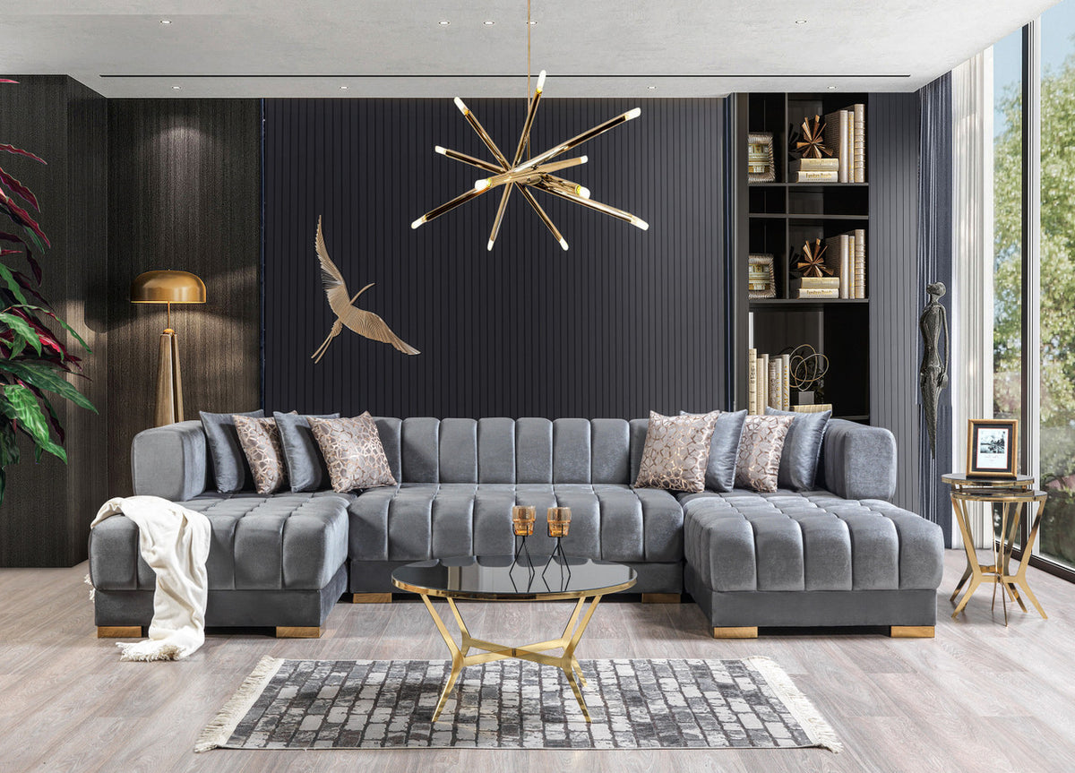 HURLEY Gray Velvet 141" Wide Double Chaise Sectional