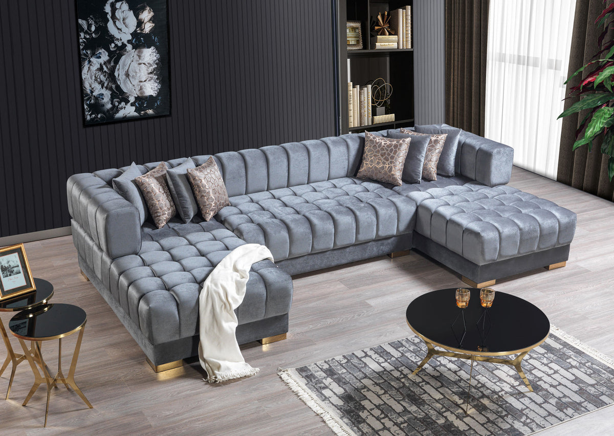 HURLEY Gray Velvet 141" Wide Double Chaise Sectional