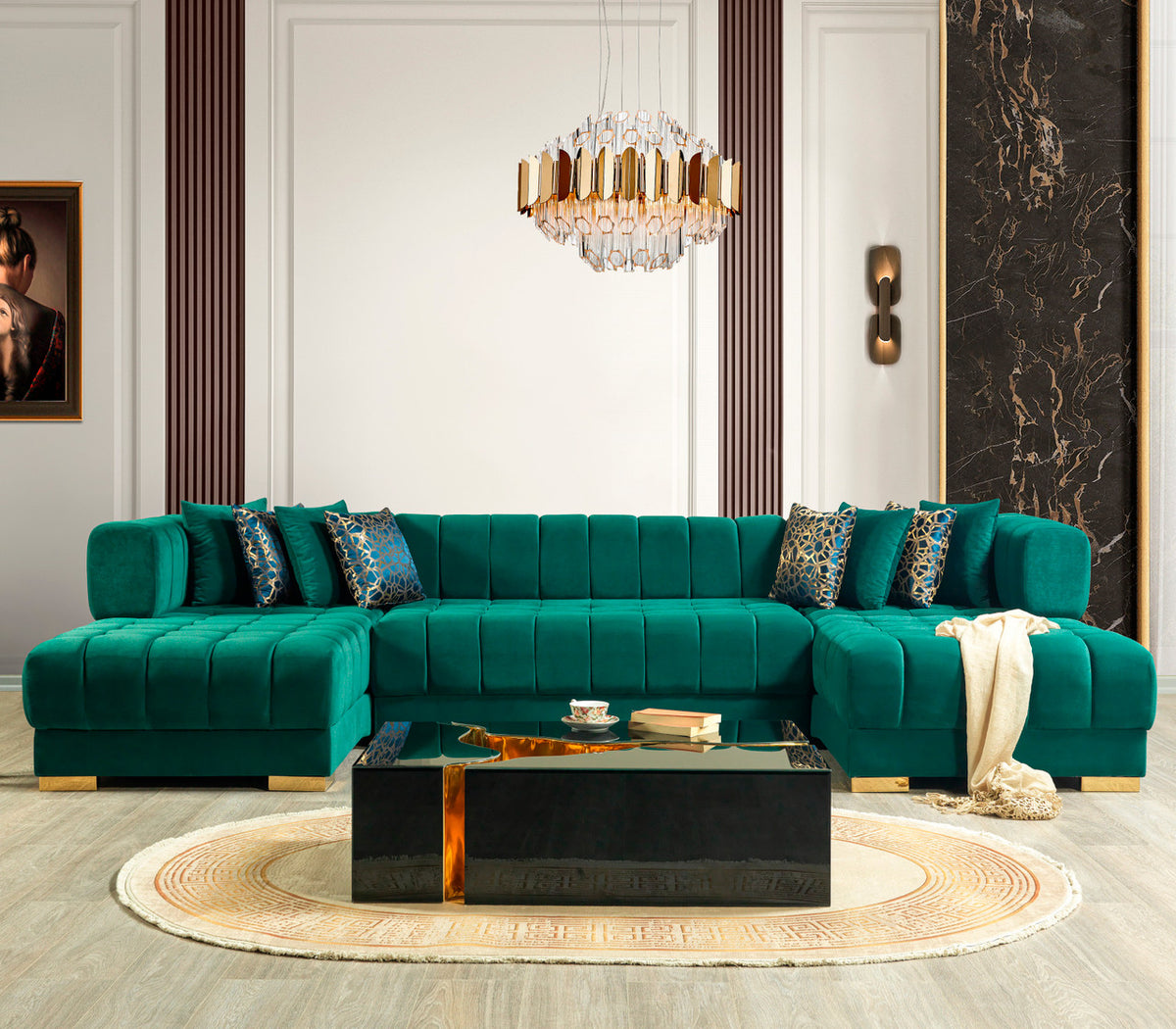 HURLEY Green Velvet 141" Wide Double Chaise Sectional