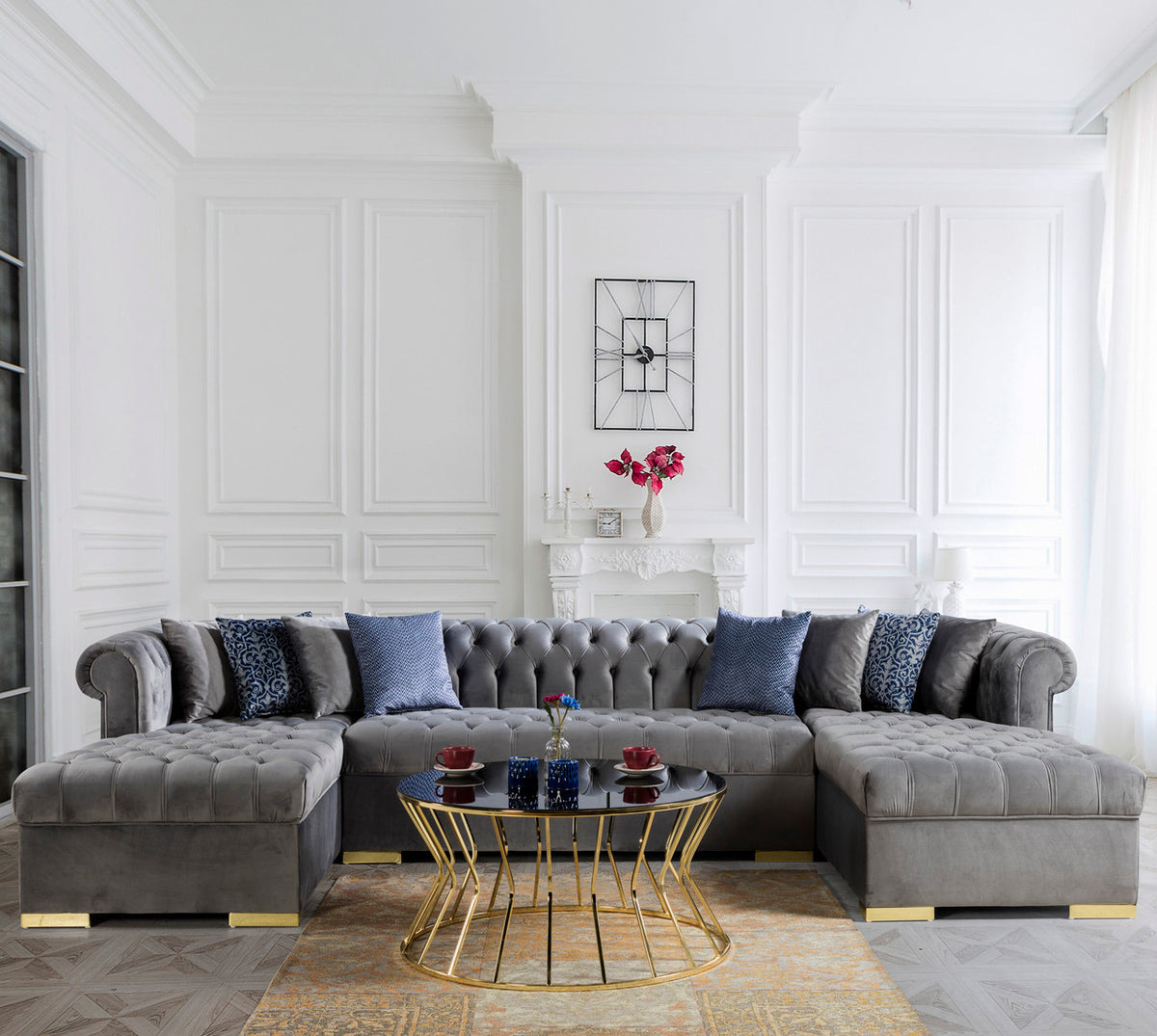 PACKARD Gray Velvet 141" Wide Double Chaise Sectional